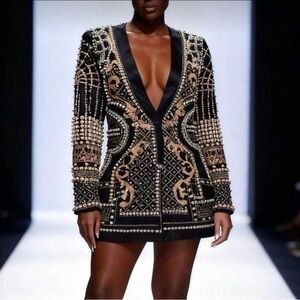 Embellished Black and Gold Deep V Blazer